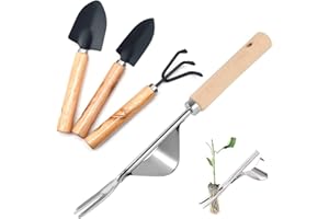 Qixuer 1 Pezzi Estrattore Manuale Erbacce,Diserbatrice Manuale Acciaio Inossidabile Estirpatore Estrattore Erbacce Giardinaggio Weeder con 3 Pezzi Piccolo Pala Rake Spade per Diserbo Pianta in Vaso