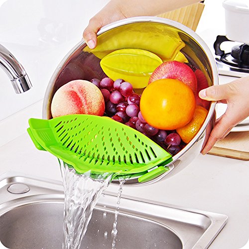 Silikon-Snap-Sieb mit 2 Zusammenklappbaren Trichtern, FineGood Hands-Free Clip-on Hitzebeständiger Colander Pour-Auslauf für Pasta Gemüse-Nudeln Topfschale Pan – Green - 6