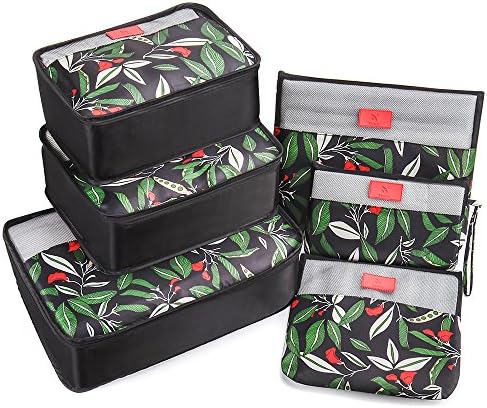 6 Set Packing Cubes?Compression Travel Luggage Organizers with Laundry Bag Shoes Bag for Carry-on Luggage, Suitcase and Backpacking Accessories (Green Leaves)