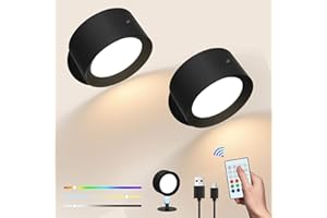QCXWCJWD LED Wall Mounted Lights with Remote & Touch Control, 2 Pcs Rechargeable Wall Sconces Reading Lamp, 360° Rotation Magnetic Dimmable Cordless Wall Lighting Spotlights for Bedside Bedroom (Black)