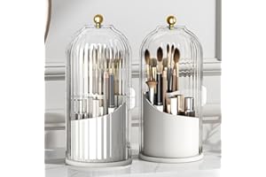 Ezebesta Makeup Brush Holder Organizer with Clear Lid 360 Rotating Sliding Opening Dustproof Brushes Container for Vanity