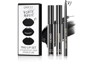 Baorder 3Pcs Black Matte Lip Liner and Liquid Lipstick Stain Set,Long Lasting Matte Lipgloss+Glossy Lip Gloss+Lip Liner Pencil,3 In 1 Lip Makeup Kit Halloween Goth Makeup
