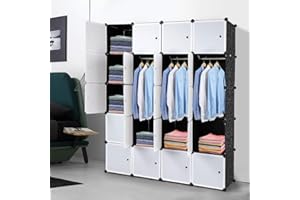 LEADZM Regalsystem, 20 Würfel, Kleiderschrank aus Kunststoff, mit Türen, Modulare Schrank für Platzsparendes, 140 x 45 x 175 cm, Weiß & Schwarz Kabine, Aufbewahrung von Kleidung, Schuhen etc.