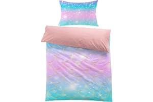 MUSOLEI Mermaid Bedding Set Girls Single Double Colorful 3D Mermaid Tail Blue Duvet Cover Sets Pink Lovely Quilt Cover Soft with Pillwocase (Pink Mermaid Scales, Single)