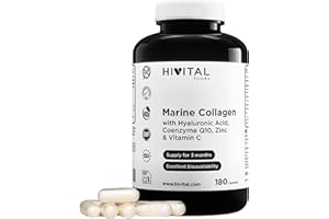 HIVITAL FOODS Collagène Marin avec Acide Hyaluronique, Coenzyme Q10, Vitamine C et Zinc. 180 gélules pour 3 mois de traitement. 900 mg de peptides de Collagène Marin Hydrolysé. Fabriqué en Europe par HIVITAL