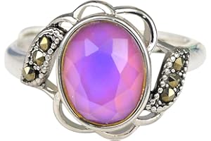 FUN JEWELS - Mood Ring with Oval Faceted Cut Stone - Colour Change Depending on the Mood - Vintage Style - Flower Shape - Brass, Metal, No Gemstone