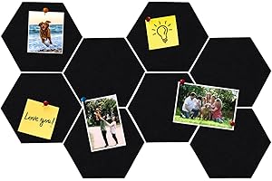 HULAVO Lot de 8 dalles hexagonales en feutre et liège, autocollantes, pour tableau d'affichage, bureau, école, maison, décoration murale, autocollants, mémos, photos(Noir)