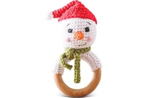 Youuys Babyrassel Gehäkelte Holz Häkeln Tiere Greifling Baby Holz Rassel Baby mit Sound Handmade Rassel für Neugeborenes Baby Geschenk Junge und Mädchen Geschenk zur Geburt (Schneemann)