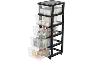 Cetomo Plastic Storage Drawers Unit, Storage Drawer on Locking Wheels, Tower with Interlocking Hooks for Home Office Closet Bedroom Dorm, Detachable, Free Combination, Clear and Black, 5 Drawers