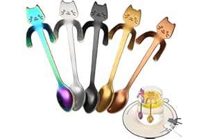 Floatdream 5 Piezas Cuchara de Café Cat en Acero Inoxidable, Cucharillas Postre Diseño de Forma de Gato, Diseño colgante de gatito de acero inoxidable, para batidos, postres y café (5 colores)