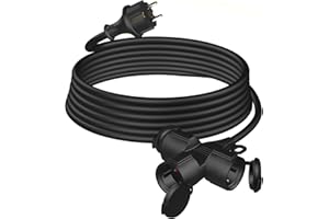 HUARUI Verlängerungskabel Outdoor 5m mit 3 Schuko-Steckdosen, Gummi Verlängerung 3500W mit Schutzkappe für den Außenbereich IP44, Stromkabel H05RR-F 3G1,5mm² mit 3-Fach Verteiler, 16A/250V, Schwarz