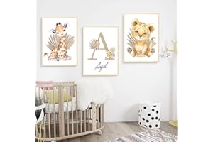 YOUIHOM 3 Pósteres Personalizados para Bebe Nino Niña Cuadro Decoración Habitación Infantil Laminas Animales Jirafa León Lienzo Boho Regalo 30 x 40 cm sin Marco