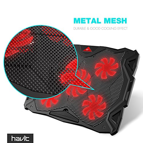 HAVIT Laptop Kühler Cooling Pad (bis zu 17 Zoll), Notebook Cooler Ständer Kühlpad Kühlmatte mit 5 Ventilatoren, 2 USB-Anschlüssen, rotes LED Licht (F2068) - 3