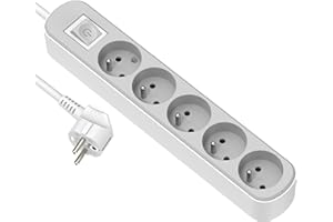 Electraline 32026 Bloc Multiprise Prima 5 Prises 16A avec Interrupteur, Longueur 1.5 Mètres, Blanc/Gris