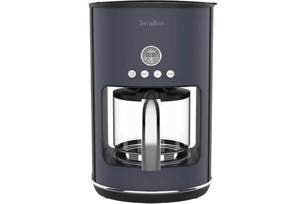Terraillon- NEW MOON- Cafetière filtre Electrique, Programmable, Verseuse verre,1080W, Capacité 1,25L, Maintien au chaud, Fonction anti-goutte, Filtre amovible, Corps en Inox peint, Bleu