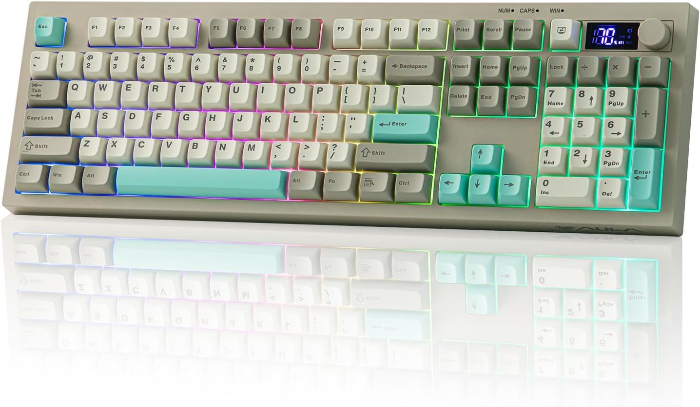 EPOMAKER Aula S102 Pro Teclado Silencioso para Juegos de Membrana con Pantalla TFT, Control de Volumen&Teclado Numérico, BT/2.4G/USB, RGB, Estructura de Silicona Suave, para Gaming/Oficina (Gris)