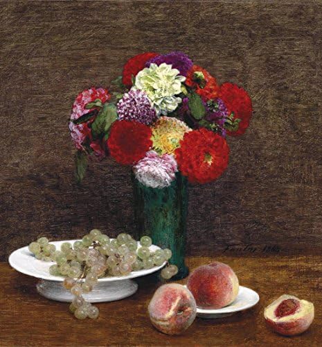 Nature morte Dahlias, raisins et peches By Henri Fantin-Latour. 100% Hand Painted. Oil On Canvas. High Quality Reproduction. Free Shipping (Unframed and Unstretched). Painting Size 28x30 In.