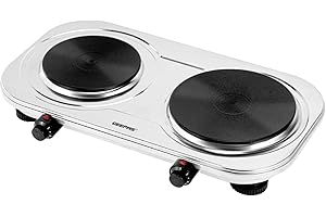 Geepas 2500W Stainless Steel Double Hot Plate – Portable Electric Hob Double Burner with Adjustable Temperature Control, Cast Iron