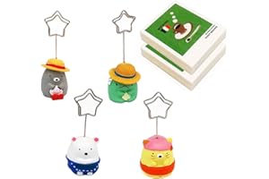 GOSYFETI Desktop Memo Holders with 80 Writing Mini Cards, 4PCS Picture Holder Stand Card Clips, Lovely Animals Card Display Office Desk Table Home Decoration