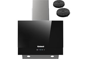 Karienvir Angled Black Cooker Hood 60cm, A++ 500m³/h Recirculating Cooker Hood Touch Control, Tempered Glass Extractor Hood with LED Lights, 3 Speed, Quick Timer, Wall Mounted Extractor Fan Kitchen