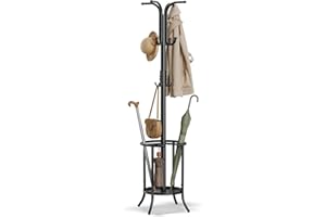 SONGMICS Coat Rack Freestanding, Coat Stand with Umbrella Holder, 12 Hooks, Metal, 175 cm Tall, for Entryway, Hallway, Living Room, Bedroom, Ink Black RCR011B01