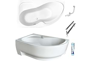 ECOLAM Baignoire d'angle asymétrique Wela 150 x 100 cm | version gauche | tablier en acrylique | pieds siphon silicone | set complet | baignoire en acrylique blanc