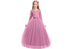 IWEMEK Enfants Fille Robe de Carnaval Princesse Longue en Dentelle avec Bowknot Demoiselle d'honneur Robe de Soirée Mariage Robe de Première Communion Anniversaire Fête Photographie 2-14 Ans