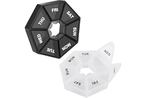 TDUNSYA 2 Pezzi Porta Pillole Settimanale a 7 Scomparti, Tondo Porta Pastiglie Settimanale, Porta Pastiglie Settimanale Piccolo, Tascabile Scatola Della Medicina, Nero Bianco per Farmaci Integratori Vitamine