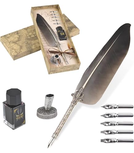 Kit Calligrafia Con Penna A Piuma, Calamaio E 5 Pennini - Ideale Per Principianti E Appassionati - Foto 2