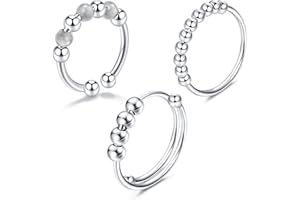 BOZILY Angst Ring Damen 3Pcs Silber Edelstahl Verstellbare Spinning Anxiety Ring mit Band Anti Stress Ring Fidget ring Dekompressionsring Zappelringe Dünner Spinner Ring Stapelbare Ringe für Angst