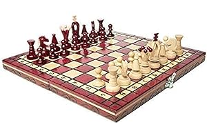 Chess and games shop Muba Jeu d'échecs en bois, artisanal, avec table en bois et pièces d'échecs faits à la main, idée cadeau (32 cm) rouge