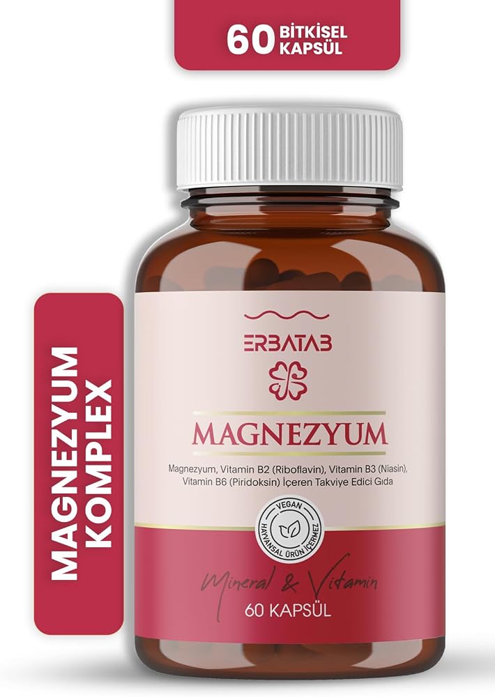 Erbatab Magnezyum 3'lü Form Bisglisinat Sitrat Malat + Vitamin B2 B3 B6 Biotin 60 Kapsül - Takviye Edici Gıda