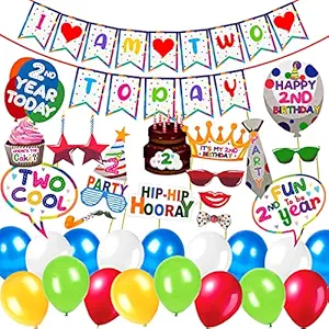 Party Propz 2nd Birthday Decoration Items for Boys Or Girls -43Pcs Multicolour Happy Birthday Banner, Photo Booth Props, Metallic Balloons- Bithday. Decorations / 2nd Birthday Decorations