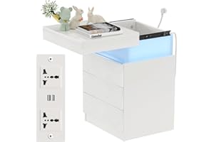Lvhecforhm Comodino con Presa e porta USB, Comodini Camera da Letto Moderni Pannello Scorrevole, Comodino con illuminazione LED Regolabile, Bianco Intelligente Comodini Camera da Letto con 3 Cassetti