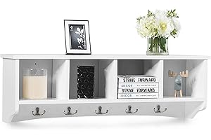 COSTWAY Szafka ścienna, drewniana szafka wisząca, wieszak na garderobę z 4 jednostkami do przechowywania i 5 podwójnymi hakami, regał wiszący, regał ścienny, meble dekoracyjne do łazienki, salonu,