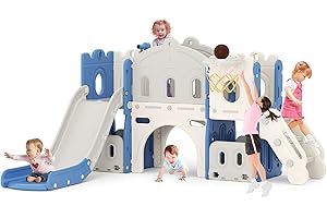 Lischwert 7 in 1 Kids Slide for Toddler with Climber, Basketball Hoop, Climber Hole, Aisle and Storage Space, Kids Freestanding Slide Playset Gift for Toddlers Both Indoors Outdoor Use(Blue& Grey)