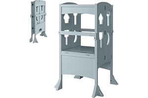 COSTWAY Folding Kids Step Stool, Height Adjustable Toddler Kitchen Helper with Safety Latches and Protective Rail, Wooden Standing Learning Tower for Boys Girls (Grey)