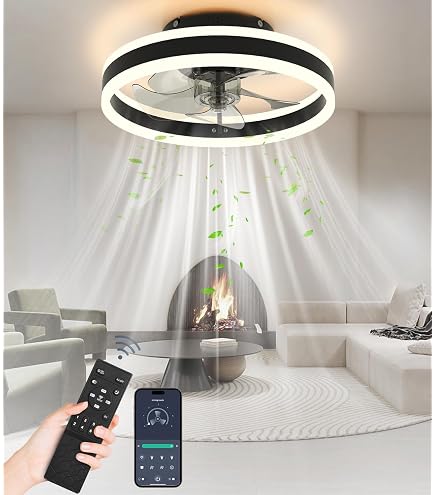 Ventilateur Plafond LED 40cm AHWEKR Avec Lumière - 6 Vitesses, Réversible Et Dimmable, Télécommande Noir