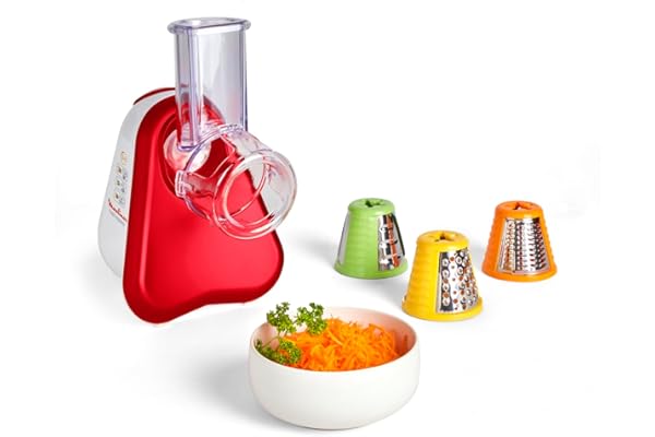 Moulinex Découpe-légumes électrique, Râpe 3-en-1, Système de cônes de couleur facile, Large goulotte, Pièces amovibles compatibles lave-vaisselle, Fresh Express rouge DJ753510