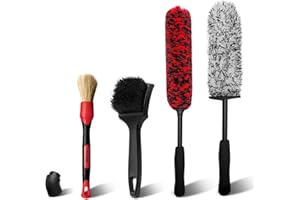 YeewayVeh 4 PCS alloy Wheel brush Kit, Bendable Car Wheel Brush and Microfiber Rim Brush, Tire Brush and Car Detailing Brush, Soft & No-Scratch wheel cleaning brush Set for All Wheel Types, Red