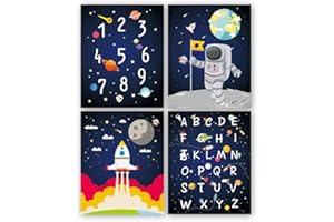 KAIRNE Lot de 4 Poster pour Chambre de Bébé/D'Enfant,Affiches Alphabet ABC,Affiche L'espace Enfant,Astronaute Planète Murale Impressions D'art,Mur Décoration Pour Garçon Chambre,Sans Cadre,20 * 25cm