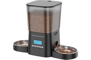HoneyGuaridan Automatic Cat Feeder with Timer, 3.5L Dry Cat Food Dispenser,with Stainless Steel Bowl, Dual Power Supply with Desiccant, 1-6 Meals/day for Cats Dogs