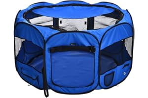 AMAZONBASICS Amazon Basics – ośmiokątny przenośny miękki kojec dla zwierząt, 114 cm, niebieski.