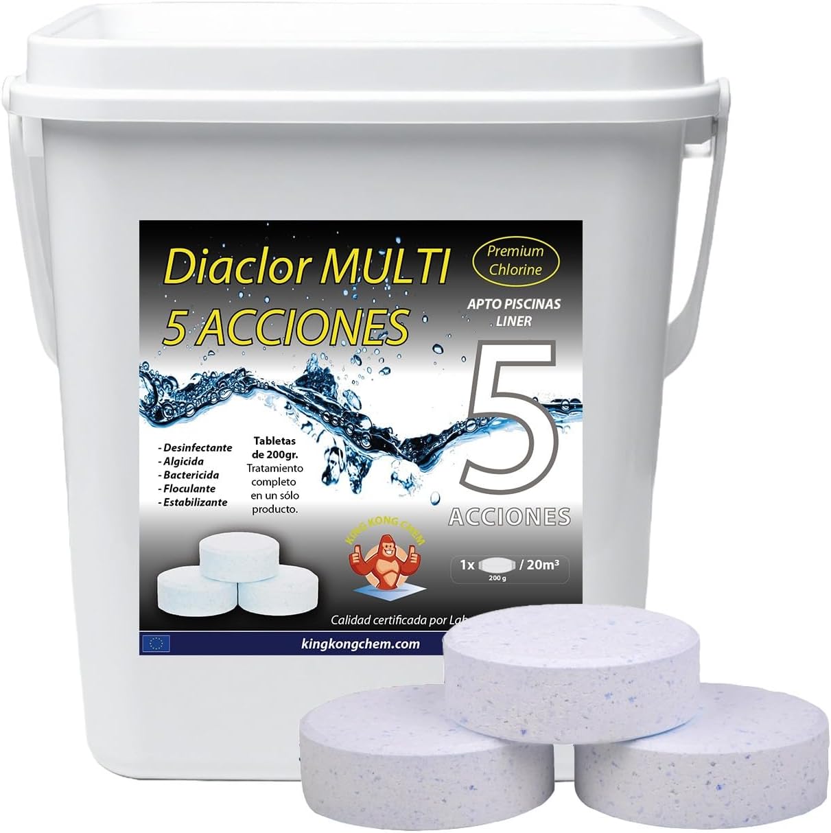 DIACLOR Multi 5 ACCIONES 5 KG - Pastillas de Cloro para Piscinas envasadas Individualmente - 25 Pastillas de Cloro Lento (200 gr- 7,5 cm Diámetro) - Tratamiento Completo 5 Efectos - SIN Cobre -