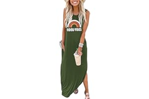 Sxkayxr Women's Summer Sleeveless Maxi Dress Casual Loose Beach Good Vibes Tshirt Dresses with Pockets