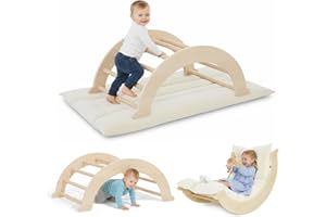 OVSHNRR 2-in-1 Toddler Climbing Frame,Natural Wood Non-Slip Foot Mat Arch with Armrests Wooden Cushion Enhancing Children's Cognitive Abilities Indoor Montessori for Babies 1-6 Years Old
