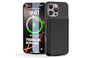 YONHUIZI Akkuhülle für iPhone 16 Pro Max (6,9"), 7000mAh Wiederaufladbar Batterie Ladehülle Akku mit Panzer Schutz Glas, Powerbank Hülle Zusatzakku Akku Case Akku Ladehülle Handyhülle-Schwarz