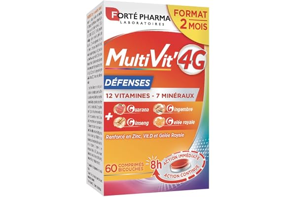 Forté Pharma - Multivit' 4G Défenses | Complément Alimentaire Forme et Tonus - 12 Vitamines et 7 Minéraux- Renforcé en Zinc, Vitamine D et Gelée Royale | 60 comprimés Bi-couches