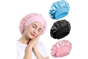 TRLREQ Satin Bonnet, Night Sleep Caps with Wide Elastic Band, Silk Wrap, Soft Head Cover Sleeping Hat for Women and Girls Curly Hair