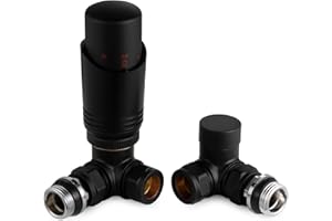 VANCOCO Matte Black Thermostatic Radiator Valves 15mm (TRV) with Lockshield, 1/2"×15mm Corner Radiator Thermostat Valve, H62 Brass, Energy Saving Modern TRV for Central Heating Syetem